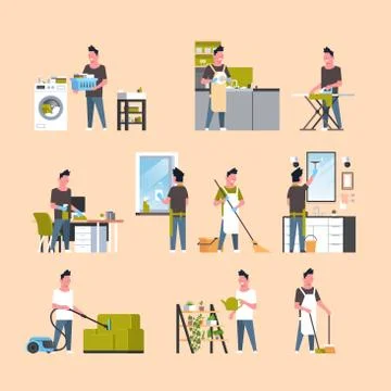 Set men doing housework different housecleaning concepts collection male cartoon Stock Illustration