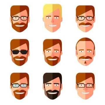 Set of men s faces with different haircuts, mustaches, beards and glasses. Flat 스톡 일러스트