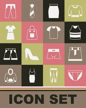 Set Men underpants, Skirt, Undershirt, Handbag, Woman dress, Pants and T-shirt Stock Illustration