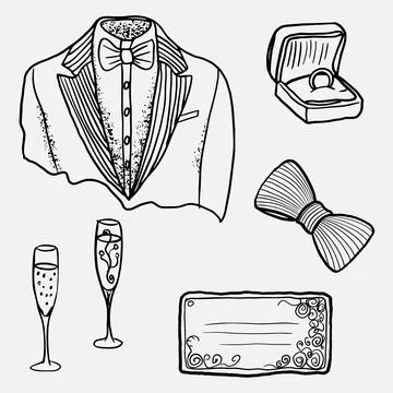 A set of men's wedding attributes. Vector illustration in style a freehand .. Stock Illustration