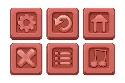 Set menu ui buttons on stone block in comic cartoon style, game design element Stock Illustration