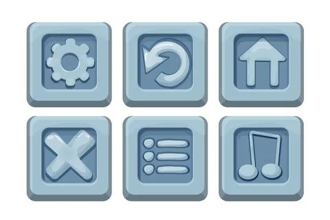 Set menu ui buttons on stone block in comic cartoon style, game design element Stock Illustration