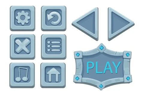 Set menu ui buttons on stone block in comic cartoon style, game design element Illustrazione stock