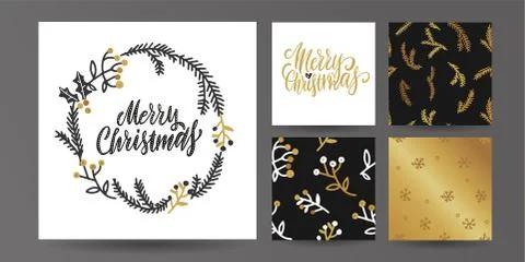 Set of Merry Christmas card vector templates. Hand drawn seamless patterns wi 스톡 일러스트