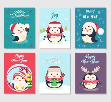 Set of Merry Christmas greeting cards with cute penguins. Stock Illustration