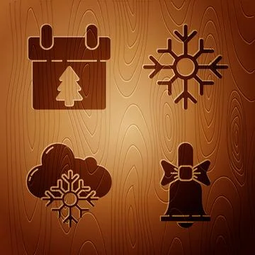 Set Merry Christmas ringing bell, Calendar, Cloud with snow and Snowflake on  Illustrazione stock