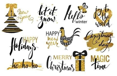 Set of Merry Christmas text, hand drawn lettering and Happy New Year typography Stock Illustration