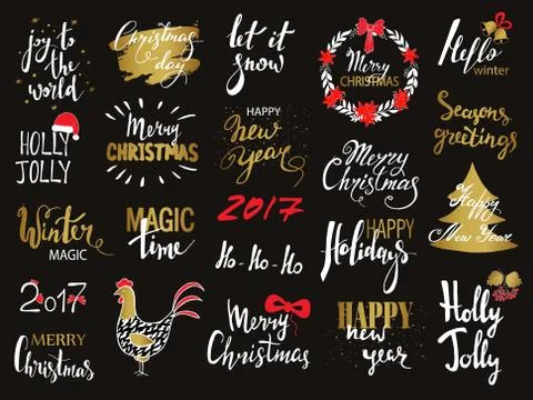 Set of Merry Christmas text, hand drawn lettering and Happy New Year typography Stock Illustration