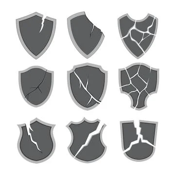 Set of metal broken shield with crack and splinters. Broken defence securit.. Stock Illustration