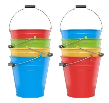 Set of metal buckets with plastic handles isolated on white background, conce Illustration