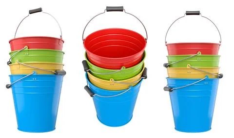 Set of metal buckets with plastic handles isolated on white background, conce Illustration
