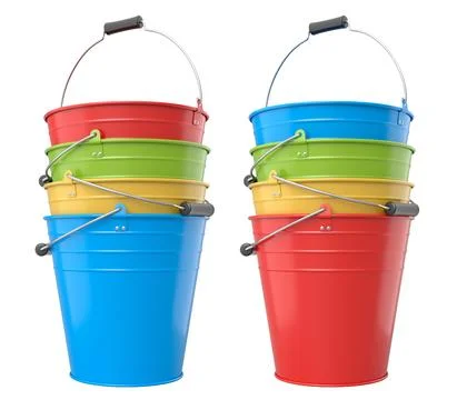 Set of metal buckets with plastic handles isolated on white background, conce Illustration