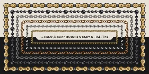 Set of metal chain pattern brushes with corners, end and start tiles Stock Illustration