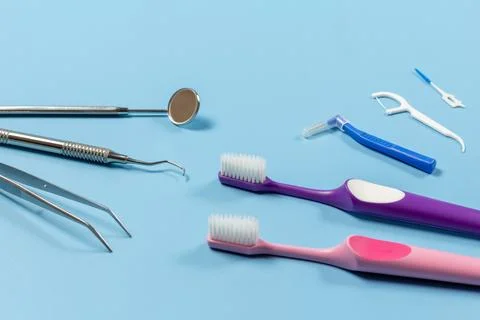 Set of metal dental instruments for teeth dental care Stock Photos