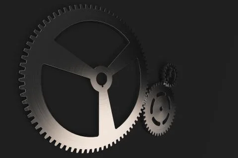 Set of metal gears and cogs on black background Stock Illustration