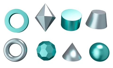 Set of metal graphic elements. Sphere, crystal and cone. 3d rendering Illustrazione stock