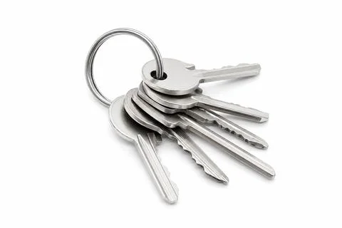 Set of Metal Keys on Key Ring Isolated on White Background Stock Photos