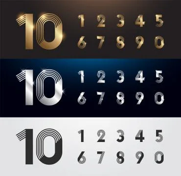 Set of metal number. Vector silver, gold and black numbers. alphabet typeface Stock Illustration