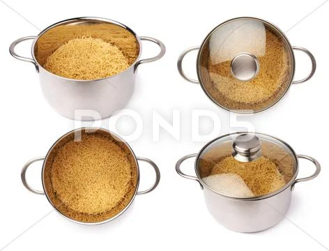 Set of metal pan filled with dry noodles pasta over isolated white background Stock Photos