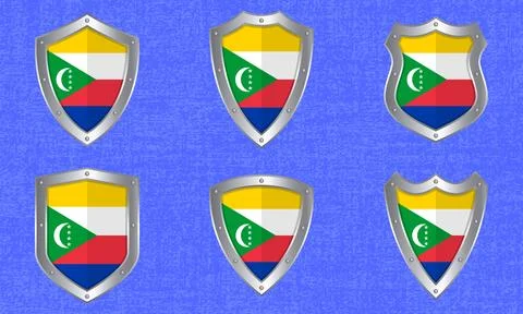 Set of metal shields with the Comoros flag Stock Illustration