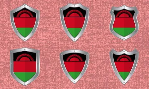 Set of metal shields with the Malawi flag Stock Illustration