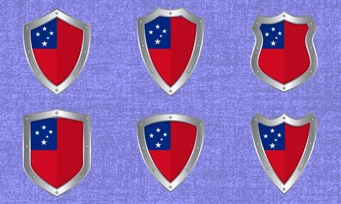 Set of metal shields with the Samoa flag Stock Illustration