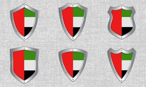 Set of metal shields with the UAE flag Stock Illustration