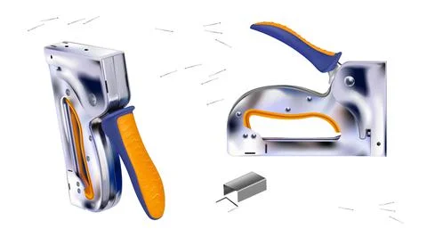 Set metal stapler for construction work and staples for it. Tool isolated Stock Illustration