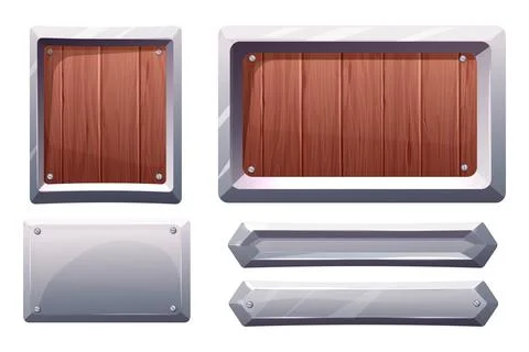 Set Metal steel frames, iron panel, silver border with wood game menu, border in イラスト素材
