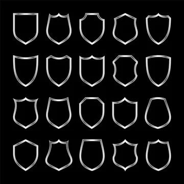 Set of metal vintage shield frames. Shiny silver heraldic shields. Black Stock Illustration