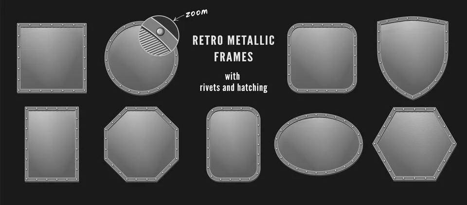 Set of metallic frames of various shapes with rivets. Retro style with hatchi 库存插图