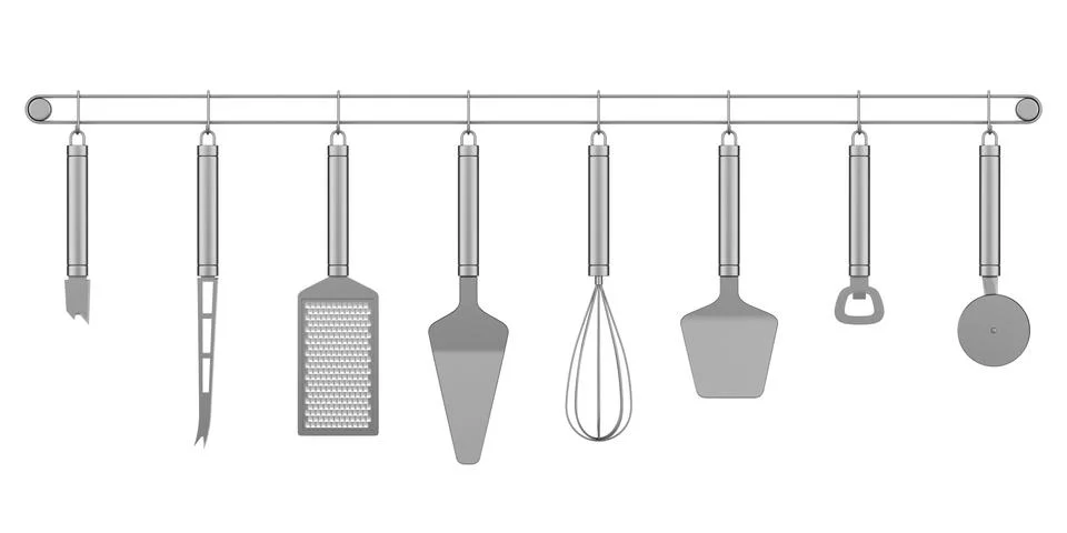 Set of metallic kitchen utensils isolated on white background Stock Illustration