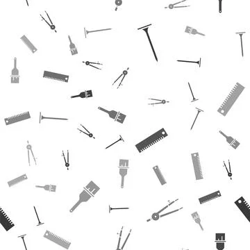 Set Metallic nail, Drawing compass, Ruler and Paint brush on seamless pattern Illustrazione stock