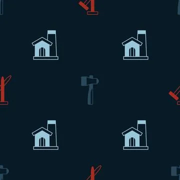 Set Metallic nails, Hammer and Smithy workshop interior on seamless pattern.  Stock Illustration