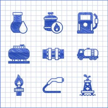 Set Metallic pipes and valve, Electrical cable plug charging, Oil rig, Tanker Stock Illustration