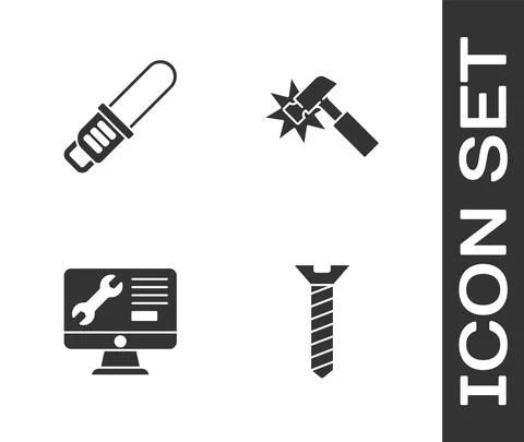 Set Metallic screw, Chainsaw, Computer monitor service and Hammer icon. Vector 库存插图
