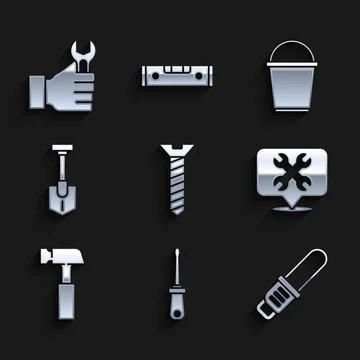 Set Metallic screw, Screwdriver, Chainsaw, Location with wrench, Hammer, Shovel Ilustración de archivo