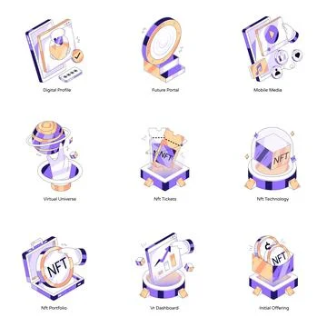 Set of Metaverse and Technology Isometric Illustrations Stock Illustration