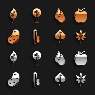 Set Meteorology thermometer, Apple, Leaf leaves, Potato, Water drop, and Tree Stock Illustration