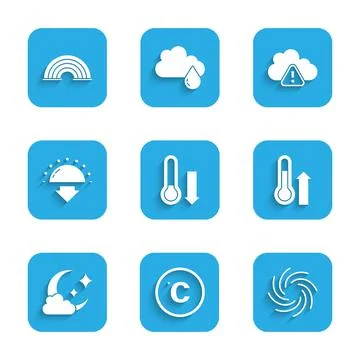Set Meteorology thermometer, Celsius, Tornado, Cloud with moon, Sunset, Storm Stock Illustration