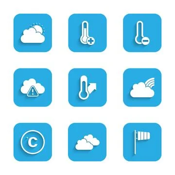 Set Meteorology thermometer, Cloud, Cone windsock wind vane, Rainbow with c.. Stock Illustration