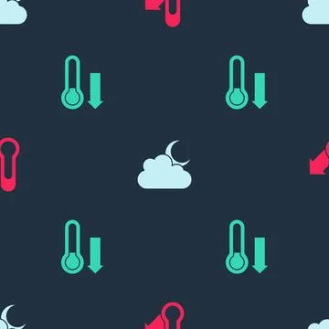 Set Meteorology thermometer, Cloud with moon and on seamless pattern. Vector Stock Illustration