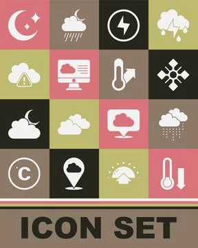 Set Meteorology thermometer, Cloud with rain, Snowflake, Lightning bolt, Weather Stock Illustration