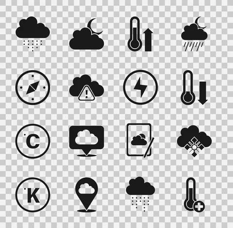 Set Meteorology thermometer, Cloud with snow, Storm warning, Compass, rain and Stock Illustration