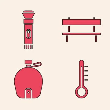 Set Meteorology thermometer, Flashlight, Bench and Canteen water bottle icon Ilustración de archivo