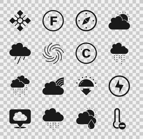 Set Meteorology thermometer, Lightning bolt, Cloud with rain, Compass, Tornado Illustrazione stock