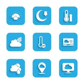 Set Meteorology thermometer, Location cloud, Weather forecast, Cloud with rain Stock Illustration