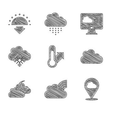 Set Meteorology thermometer, Rainbow with clouds, Location, Cloud, moon, snow Illustrazione stock