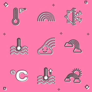 Set Meteorology thermometer, Rainbow, Sun and snowflake, Water, with cloud,.. Stock Illustration