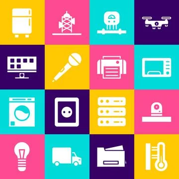 Set Meteorology thermometer, Security camera, Microwave oven, Smart sensor Stock Illustration